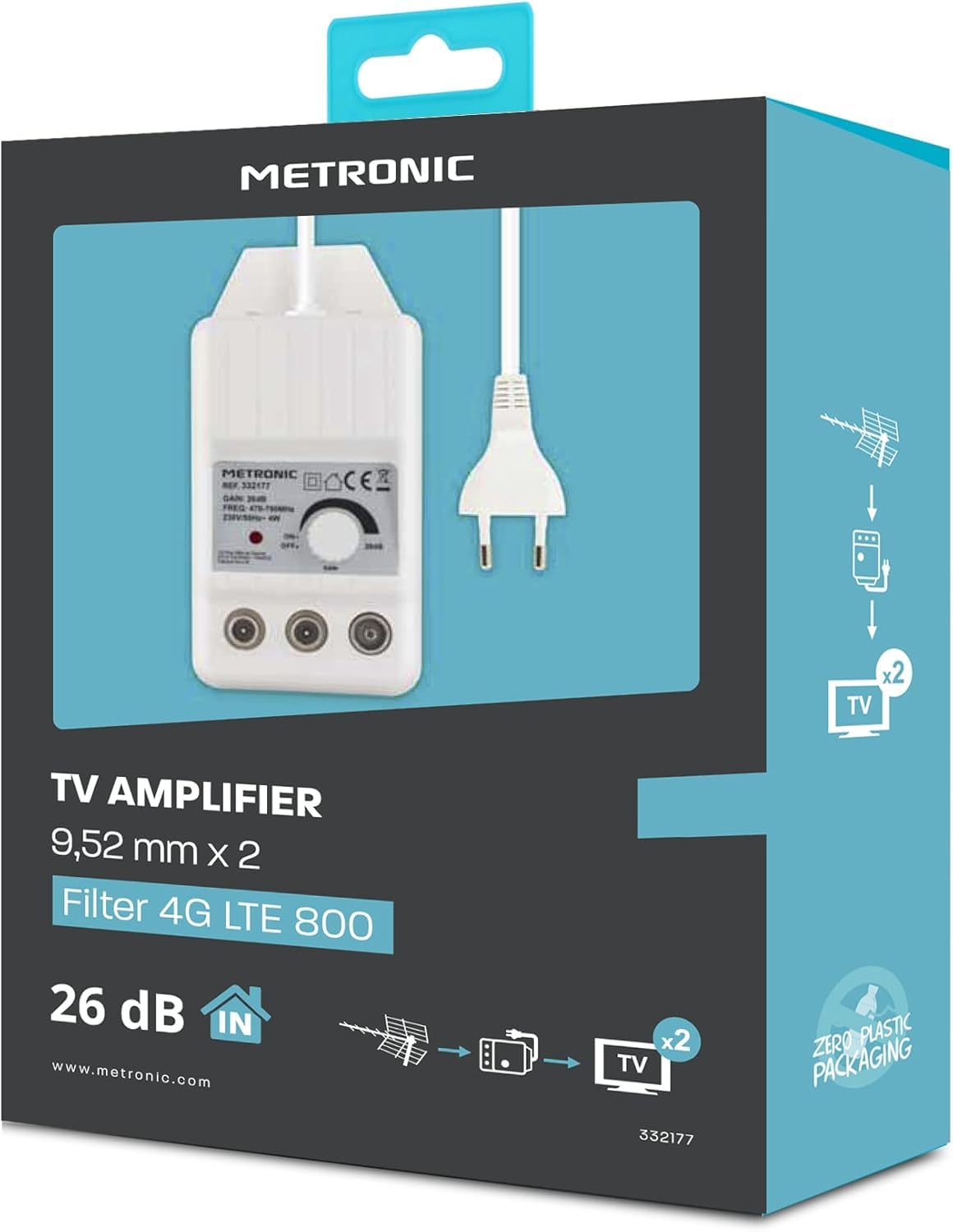 Metronic 332187 Amplificateur TV FM/VHF/UHF numérique terrestre avec Filtre 5G 2x24dB réglable, 1 entrée/2 Sorties, intérieur, 47/694MHz, Blanc
