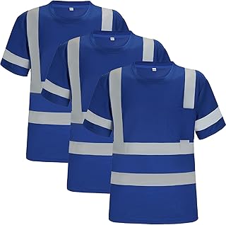 Safety Shirts for Men Construction Short Sleeve Quick Dry with Pocket Workwear, Class 3 High Visibility Shirts with Reflective Strips Blue L 3PCS