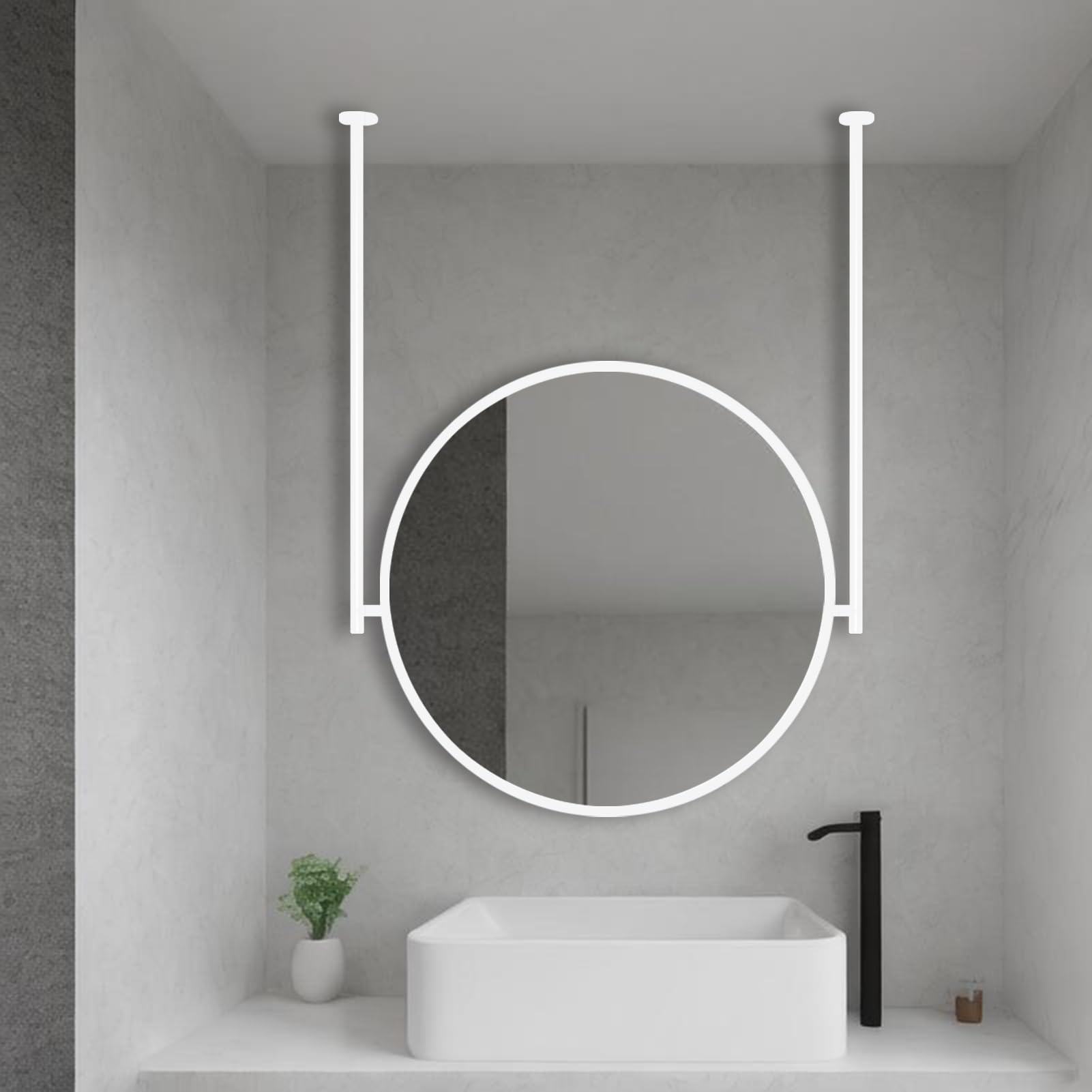 FGXHHS White Ceiling Mounted Mirror with Hanging Rod, Round, Customizable Rod Wall Vanity Make-up Mirrors Metal Frame(Diameter-60CM/23.6INCH)