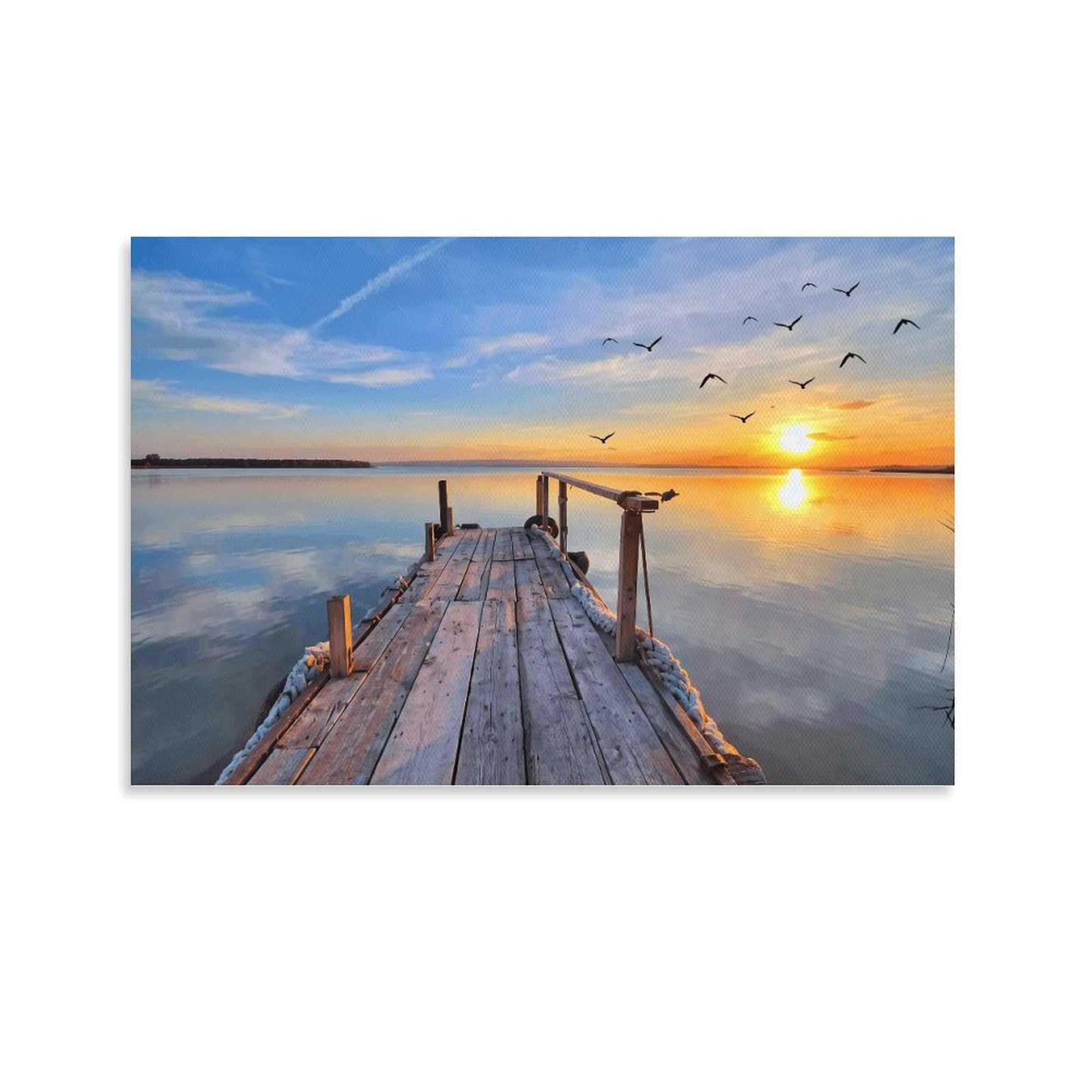XPASHIQWC Sunrise Lake Poster Artwork Wooden Bridge Giclee Canvas Prints Modern Canvas Wall Art Picture Wall Hanging for Living Room Home Decorations 24x36inch(60x90cm)