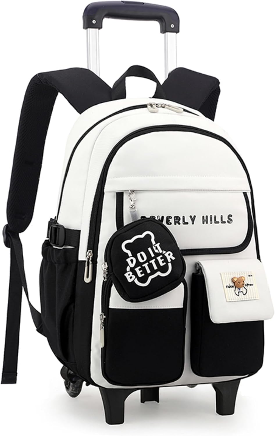 ZHANAO Color-blocking Rolling Backpack for Girls,Kawaii School Bag with Wheels,Trolley Bookbags for Primary Students