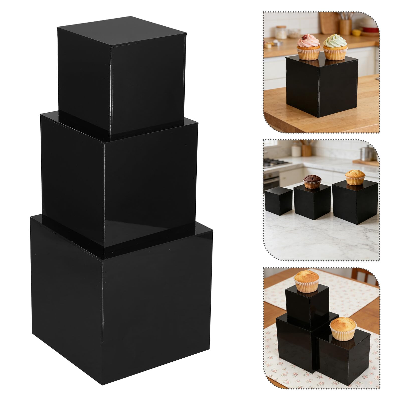 SHINEOFI 3 Pezzi Set da 3 Alzatine Nere in Acrilico 4”/5”/6” per Buffet, Cubi Espositivi Impilabili per Dolci, Negozi e Collezioni, Supporti Cubici Leggeri per Presentazioni Professionali