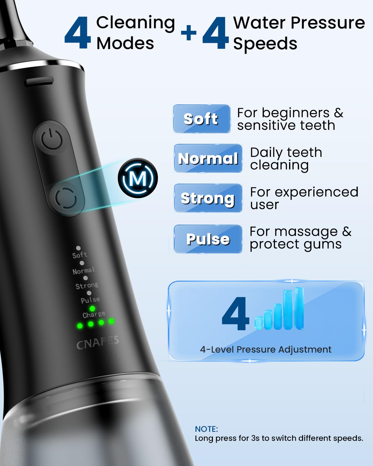 Irrigador bucal inalámbrico para dientes, boquilla en forma de U que limpia profundamente el interior y el exterior, 4 modos, tanque grande de 350 ml, impermeable IPX7, irrigador oral portátil