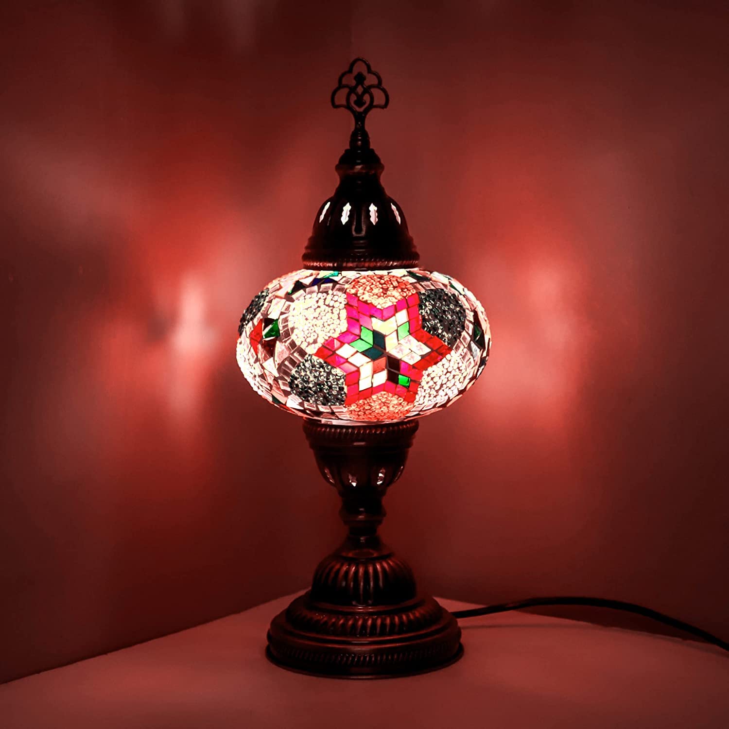 ENVA Turkish Moroccan Style Mosaic Multicoloured Desk Table Lamp, Bronze Base, Unique Light Large Globe (3024)