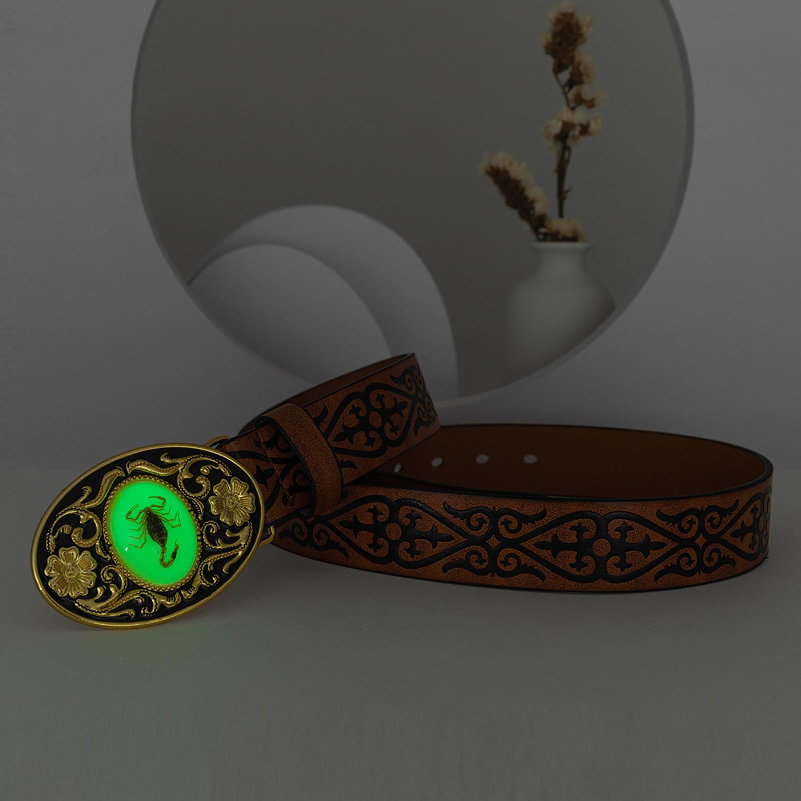 pasek, Paski z klamrą 3D wytłoczonym kamieniem świecącym, skorpion, szerokość 38 mm, do spodni jeansowych i eleganckich, dla mężczyzn kobiet