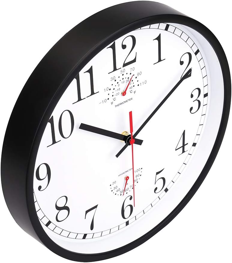 jomparis 12 Inch Wall Clock with Thermometer and Hygrometer Non-Ticking Silent Battery Operated Round Wall Clock for Outdoor Indoor
