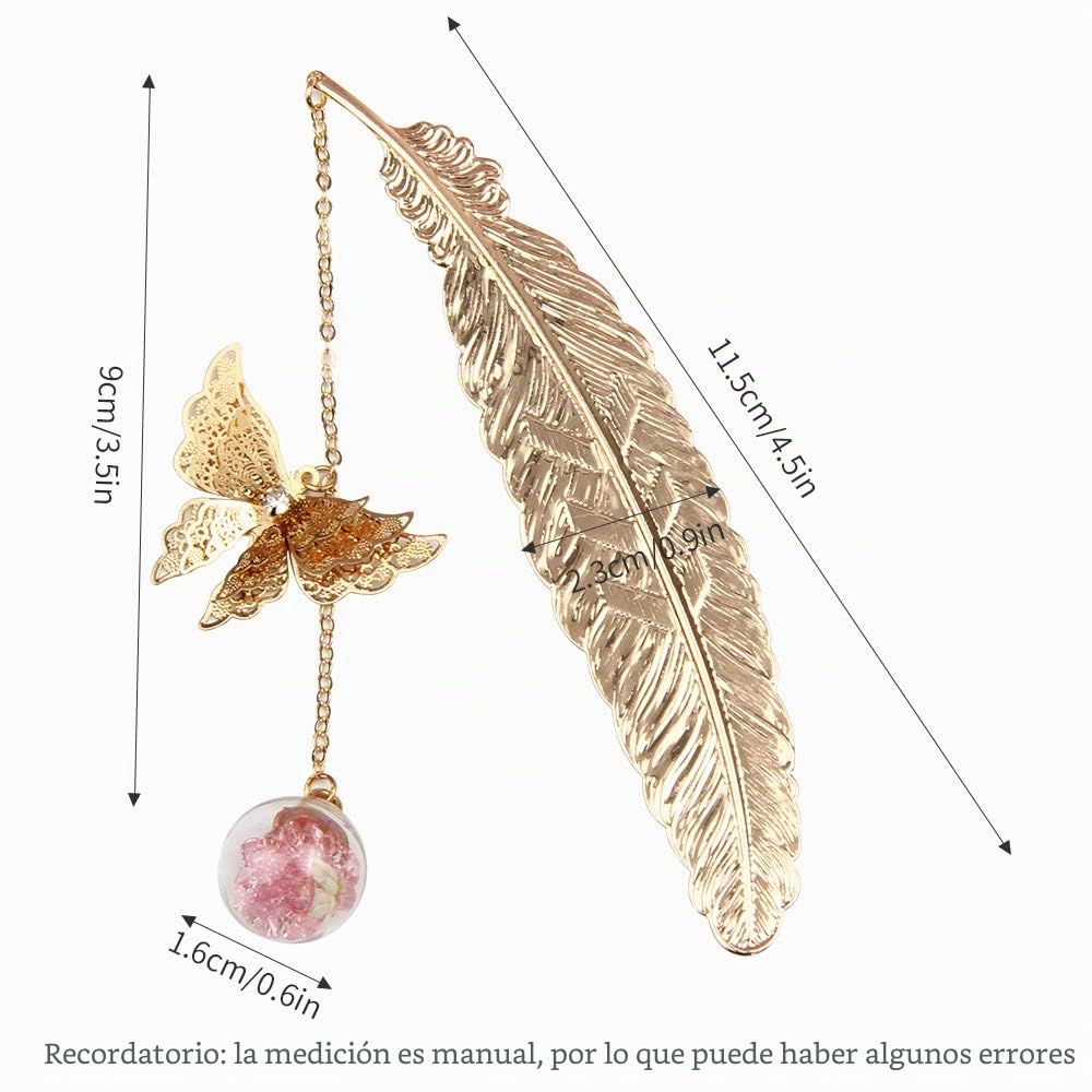 Marcapáginas de Plumas de Metal con Mariposa 3D y Perlas de Vidrio