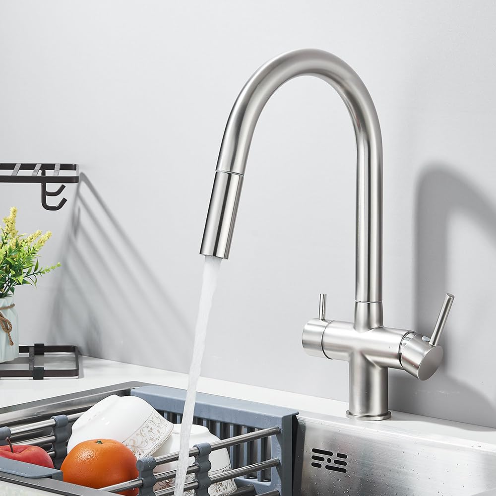 FCXWEVR Grey Kitchen Faucet with Dual Handles Pull Out Purification Hot & Cold Water Mixer Brush Nickel Finish Drinking Water Filter Tap for Modern Kitchens