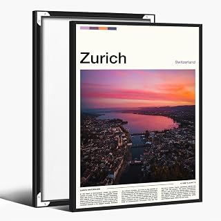 Maximalist City Sunset Wall Art romantic Zurich Natural Poster Modern Landscape Picture Canvas Print Aesthetic Funky Urban Landmark for Bedroom Office Gallery Wall Decor black framed20x30inch