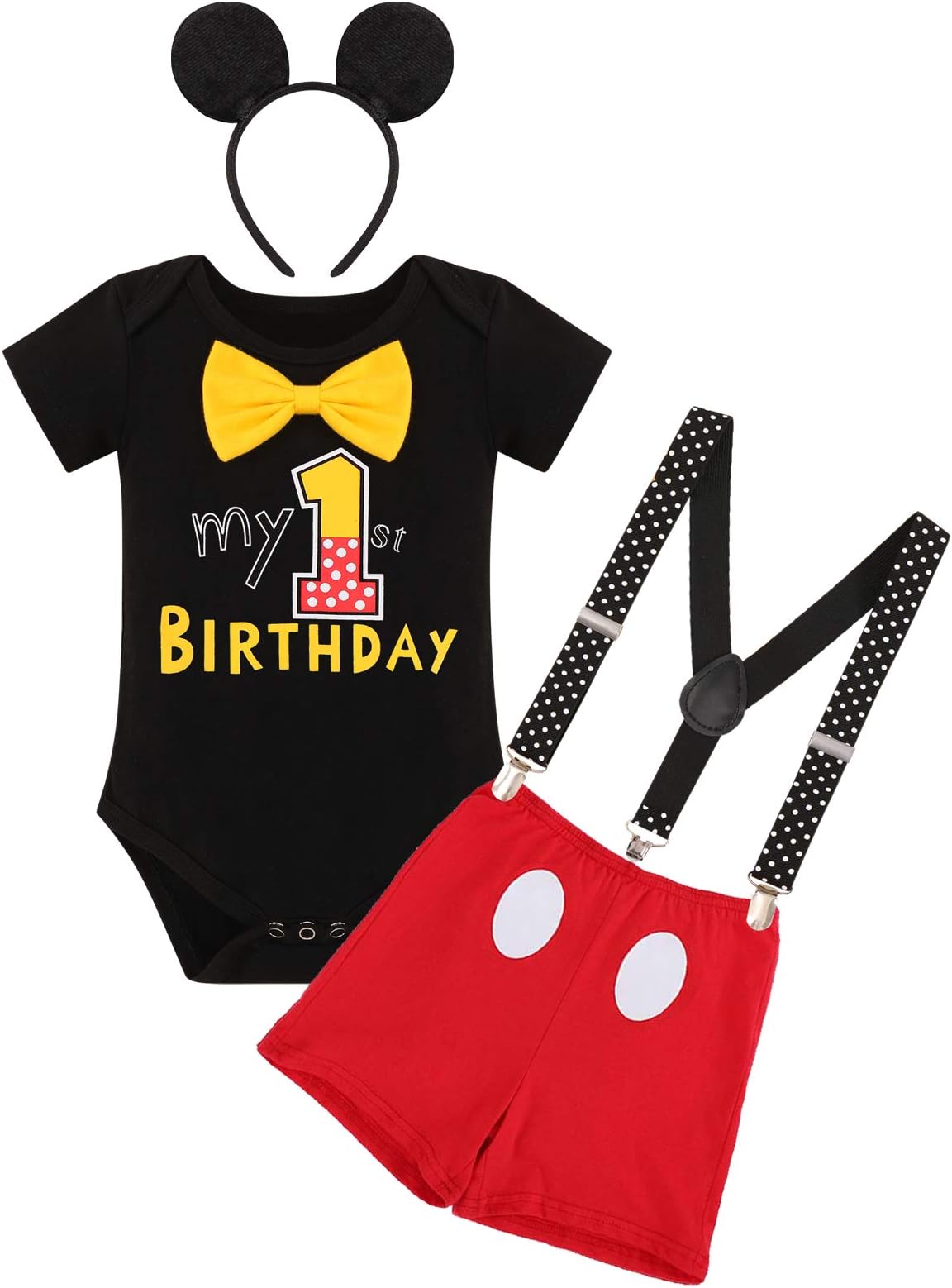 Baby Boys 1st 2nd Birthday Outfit Bowtie Romper with Suspenders Red Shorts Headband Sets Cake Smash Photo Shoot