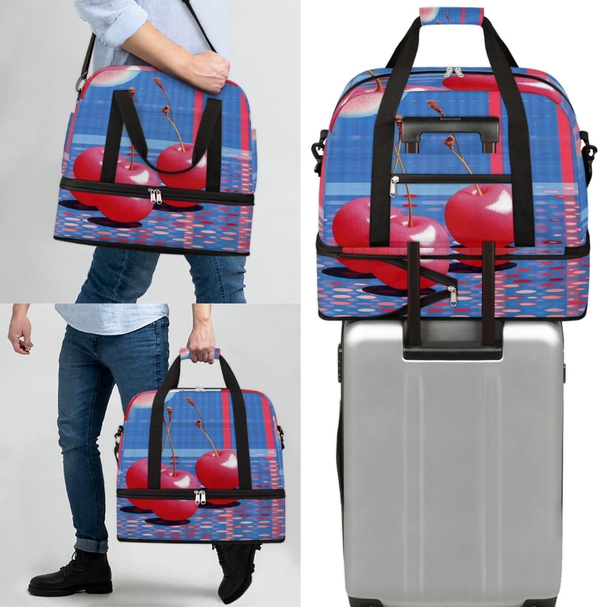 QsirBC Cherry Food Theme Gym Bag for Women Duffle Tote with Shoes Compartment Men Weekender Duffel for Dance Travel Sports Swimming Overnight