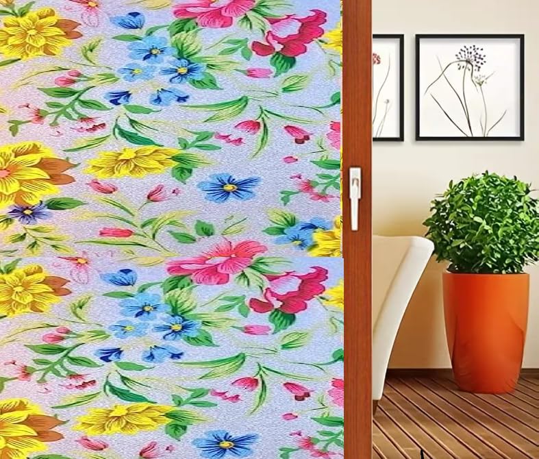 HAPPYMATES Self Adhesive Window Films for Glass Privacy Frosted Glass Decorative Window Sticker/Tinting for Home & Office Bathroom Living Room - Frosted (30 Cm X 100 NCH, Multi Colour Flower)