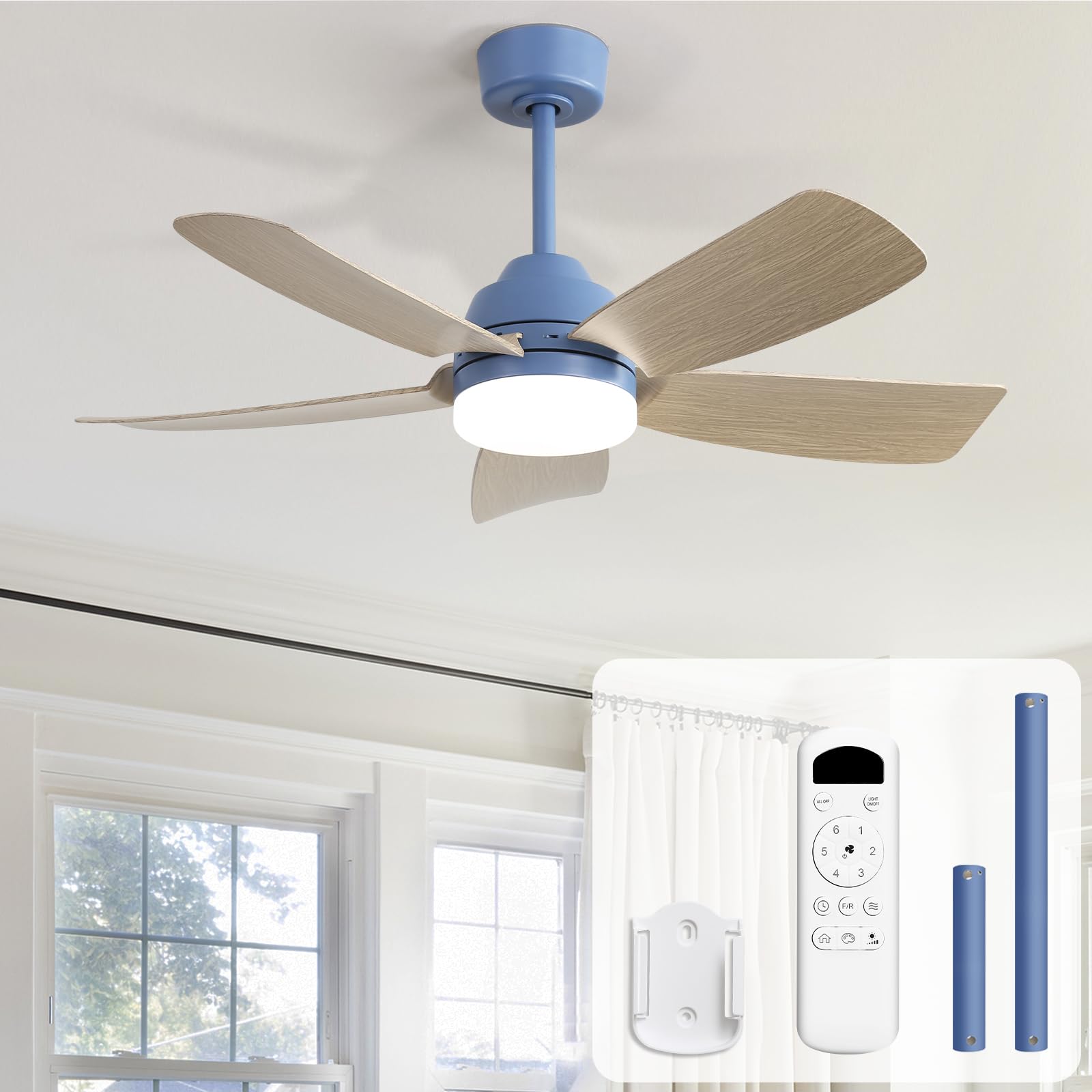 Sofucor 42 Inch Ceiling Fans with Lights and Remote, Modern Blue Bedroom Ceiling Fan, Snap-in Blades,Quick Installation, Noiseless & Reversible DC