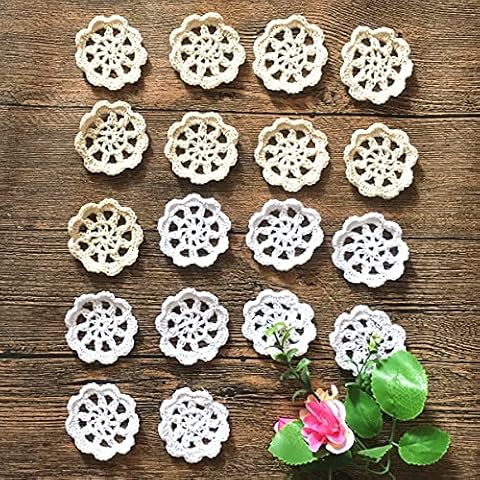 MINDPLUS 2 Inch Small Doilies for Crafts Crocheted Lace Cotton Flowers Embellishments Mini Hand Made Crochet Lace Doilies Appliques Patches,Set of 18 (White+Beige, 2") Cover