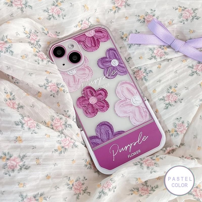 Image of COVERLY 3D Cute Creative Purple Flower Cartoon Oil Painting Floral Decor Wave Curly Edge Invisible Phone Table Stand Holder Grip Happy Aesthetic Cover Girly Charm Case for Apple iPhone 12 Pro (Purple)