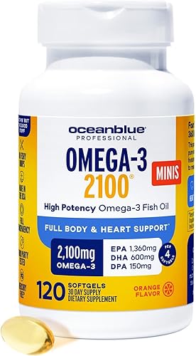 Oceanblue Mini cápsulas blandas de aceite de pescado profesional Omega-3 de 2100 mg  Triple fuerza, EPA de alta potencia, DHA y DPA  Burpless,