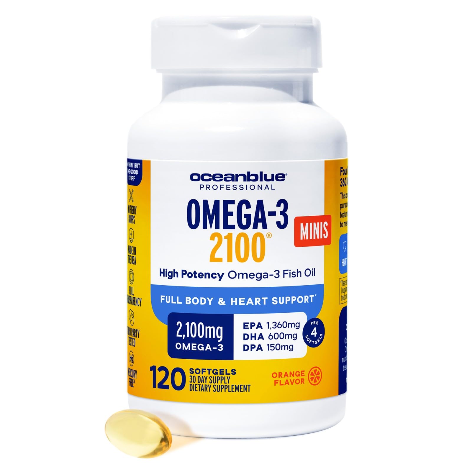 Oceanblue Professional Omega-3 2100 Minis – 120 ct – Triple Strength Burpless Fish Oil Supplement with High-Potency EPA, DHA, DPA – Orange Flavor (30 Servings)