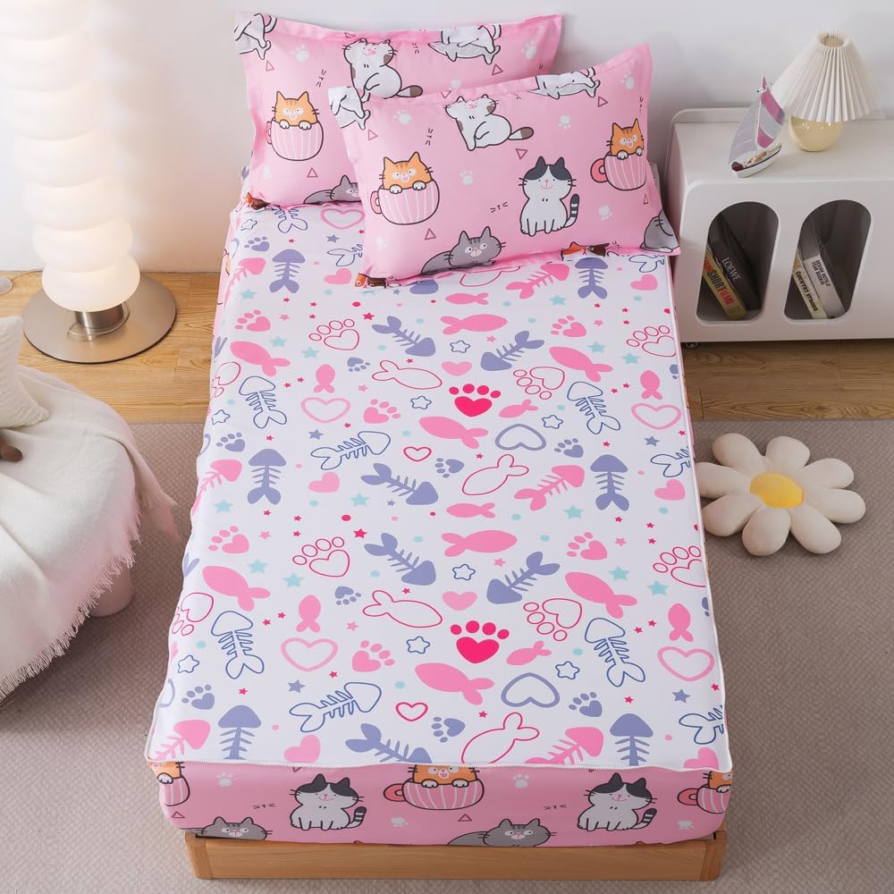 ADASMILE A & S Kids Comforter Set Zipper Bedding Twin for Girls Cat Comforter with Fish Sheets Kawaii Cat Bedding Sets for Kids All in One Zipper Bedding All Season Home Decor - Image 3