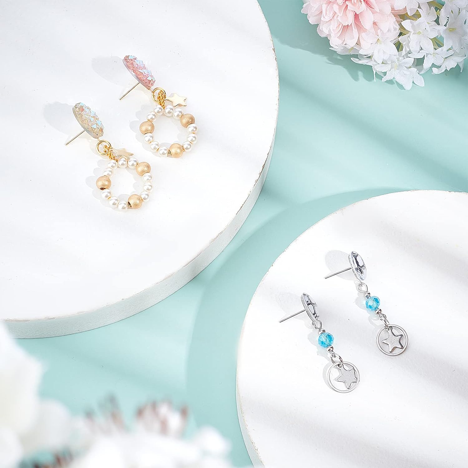 UNICRAFTALE About 80pcs 5/6/8/10mm Hypoallergenic Flat Round Earring Post Stainless Steel Earring Findings with 80pcs Ear Nuts 0.8mm Pin Earring Component Golden and Stainless Steel Color