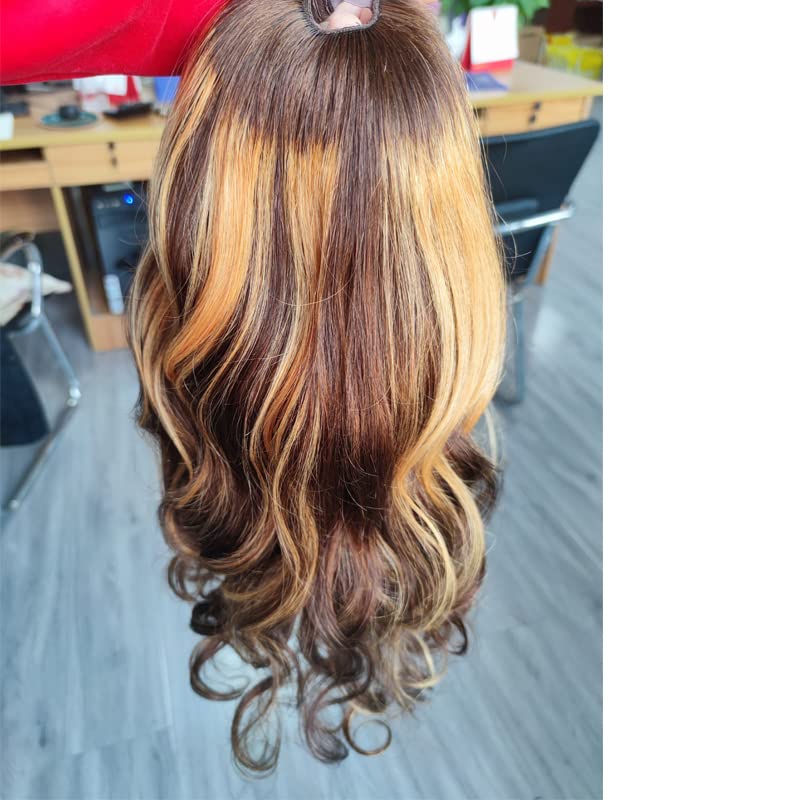 Miniatura 3 de Peluca de cabello humano ondulado con reflejos en U de 20 pulgadas para mujeres 427 balayage, marrón rubio, 150% 1x4 U abierta de cabeza completa,