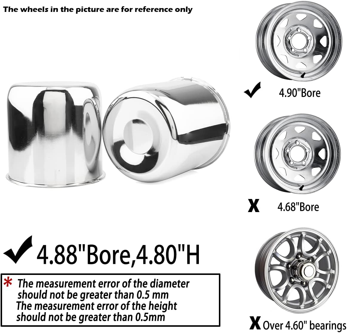 2Pcs 4.88inch Trailer Wheel Center Caps Push Through 4.88" Bore 4.76" Tall Hub Cap for Truck SUV RV Wheel Rim, Chrome Silver Wheel Cover
