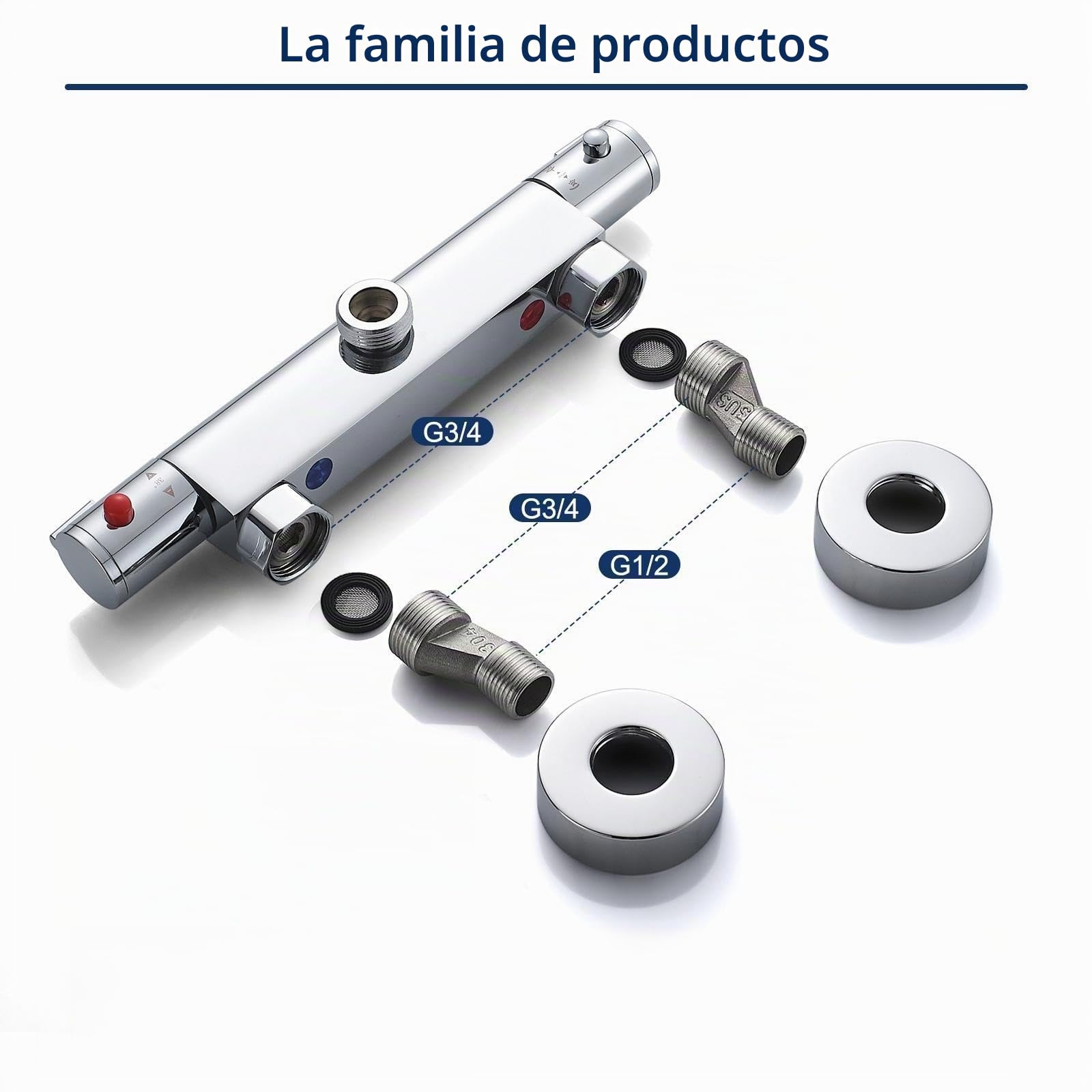 Grifo de ducha con termostato, 2 salidas, grifo mezclador de ducha, grifo superior de 3/4" BSP (26,4 mm) + inferior BSP (21 mm), latón, antiquemaduras, termostato de ducha cromado