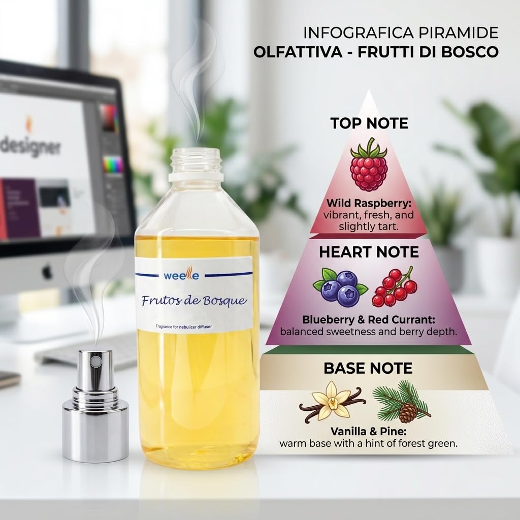 Ambientador Electrico Profesional Weele para Hogar o Oficina con Perfume Frutos de Bosque 500ml. Fragancia Profesional para Ambientador | Aroma Duradero y Fresco para Espacios Grandes |