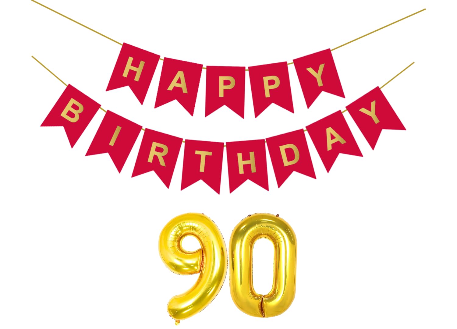 Flyloons 90th Red Colour Happy Birthday Banner Decoration Kit for 90 year Old Men Women | with Number Ninety | 13 Pcs Reusable Cardstock Happy Birthday Paper Banner