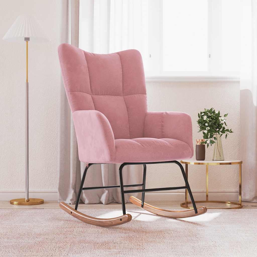 Schaukelstuhl mit Polsterung Rosa, Samtbezug mit Quadraten-Design, Relaxstuhl mit Dicker Schaumstoffpolsterung, Stahlgestell und Holzkufen, maximale Belastung 110 kg