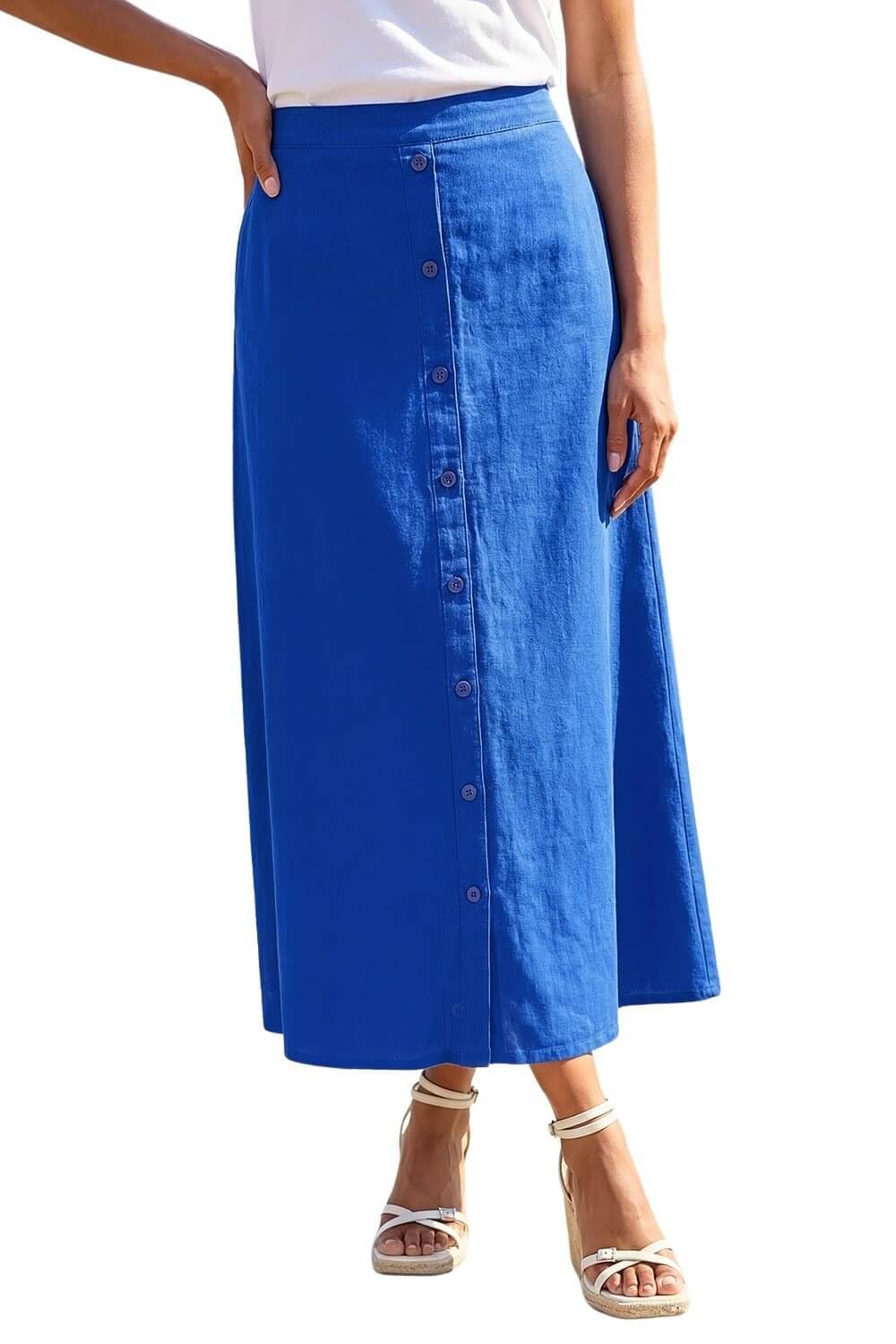 Roman Originals Women's Navy Linen Button Pencil Midi Skirt For Uk - Everyday Holiday Spring Summer Comfy Soft Evening Vacation Work Party - Size 14