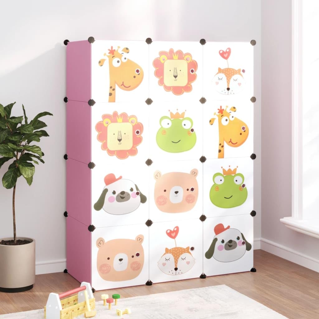 Armario infantil modular con 12 cubos, plástico PP rosa, marco de acero, 110 x 46,5 x 144 cm, apilable, ahorra espacio, con puertas y mucho espacio de almacenamiento para el orden en la