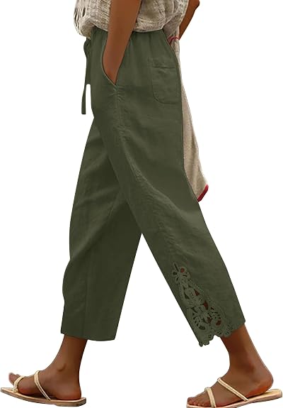 onlypuff Women Pants Casual Lightweight Drawstring Elastic Waist Summer Trousers with Pockets