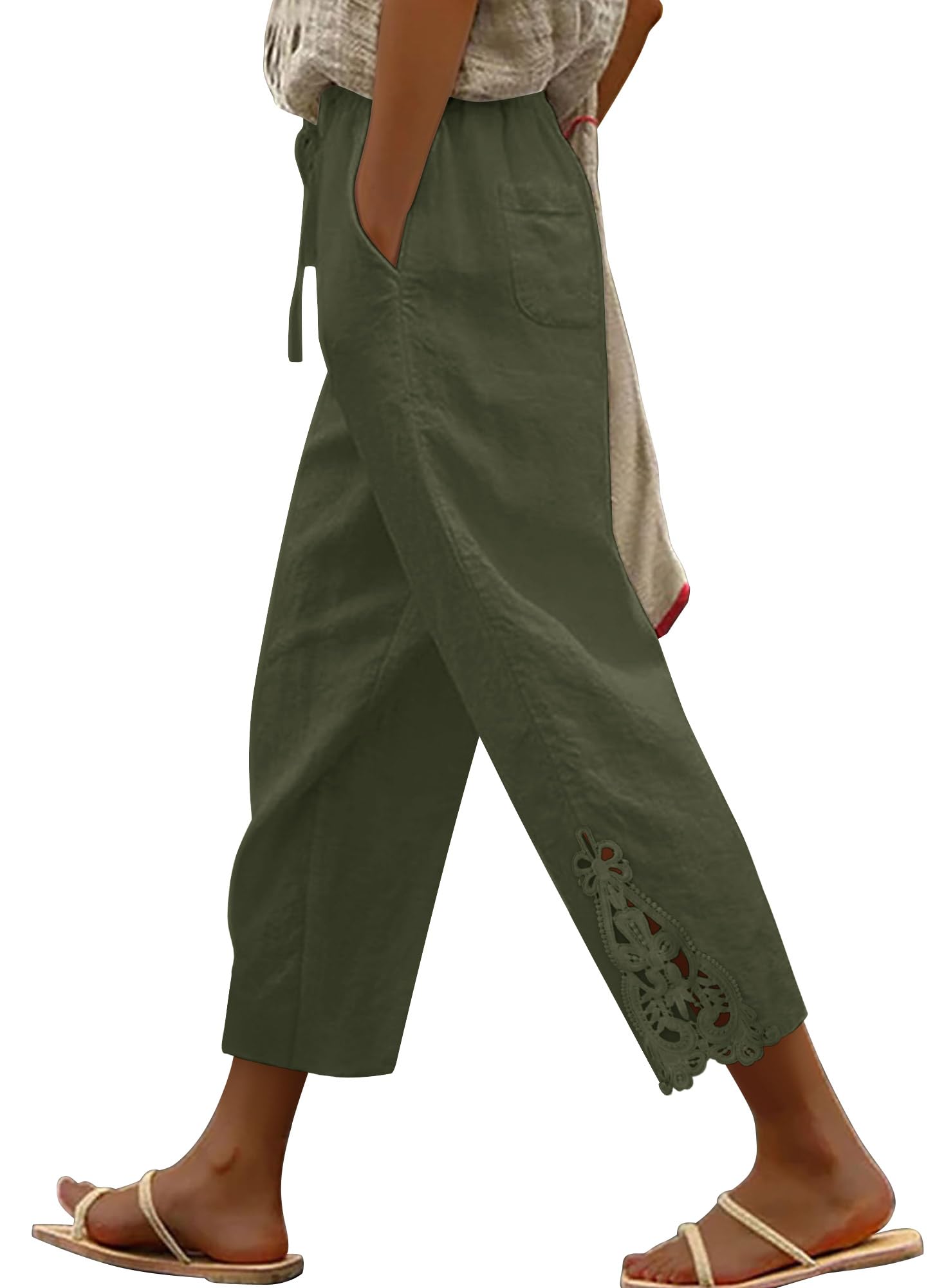 Photo 1 of Angerella Women Casual Lightweight Drawstring Elastic Waist Cropped Linen Pants Slacks Capri Pants Beach Trousers Army Large