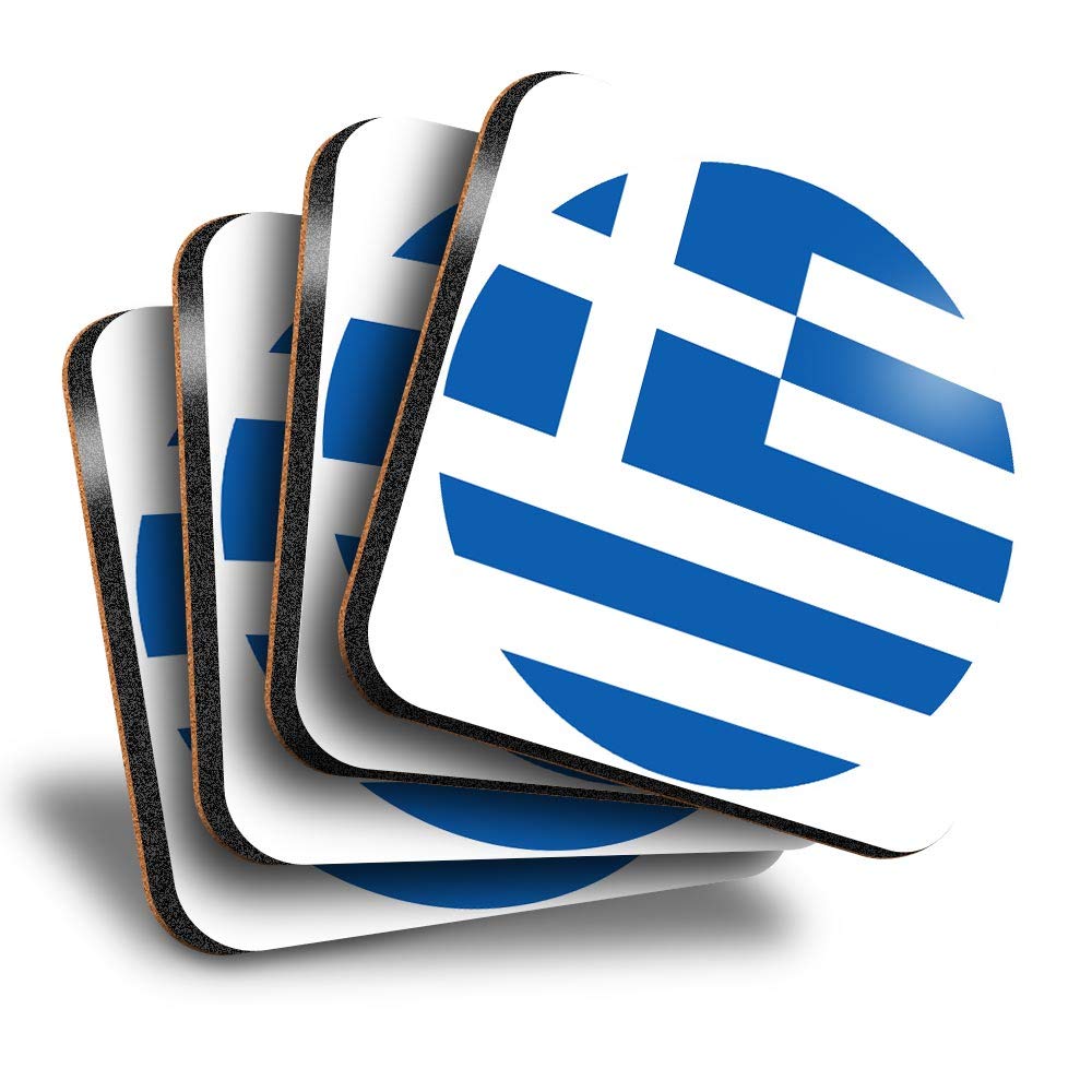 Destination Vinyl Ltd Great Coasters (Set of 4) Square - Greece Greek Flag Drink Glossy Coasters/Tabletop Protection for Any Table Type #9046
