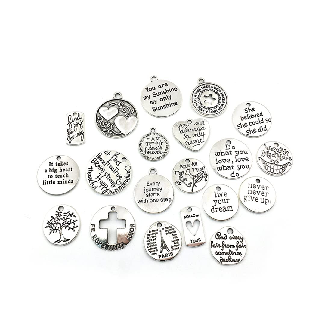 Fezf 20 pieces inspirational words string decoration, lucky charm pendant necklace bracelet jewellery making DIY Valentine's Day Christmas craft key ring ball accessories