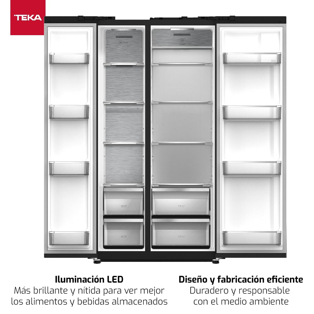 Teka Frigorífico Maestro 178 cm, 627 L, Motor Inverter, Side by Side, Long Life No Frost, Apertura 90º, 2 Fresh Box, Iluminación LED, Columna Metal Cool, Color Cristal Negro, Modleo RLF 74917