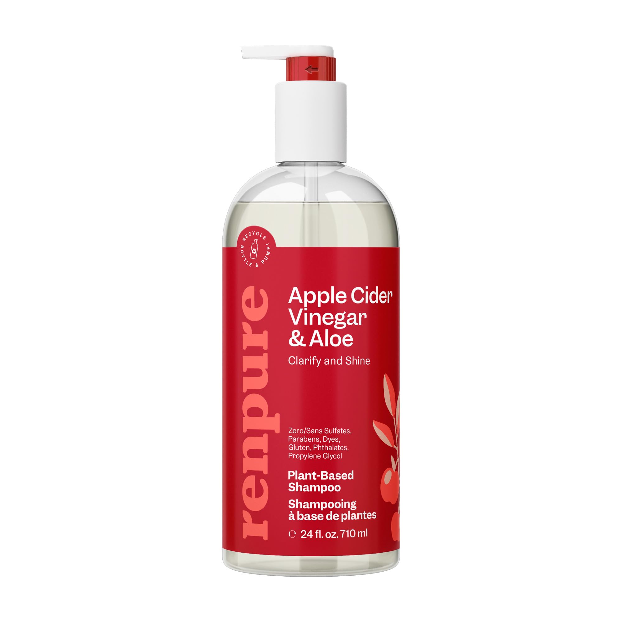 RENPURE Apple Cider Vinegar & Aloe Shampoo, Plant-Based – Clarifies, Removes Residue and Nourishes for Shiny, Healthy Hair – For Dull Hair - Apple Cider Vinegar, Aloe Leaf Juice – 24 Fl Oz
