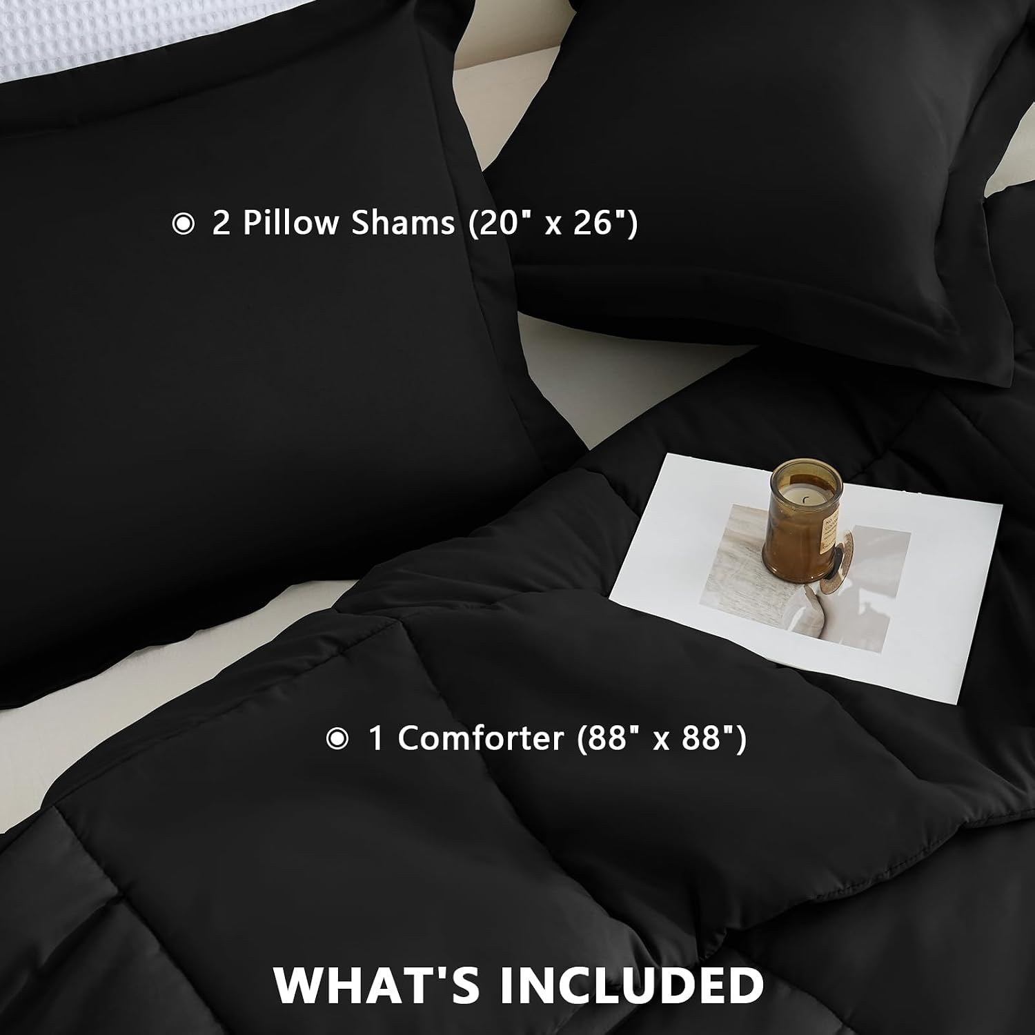 Queen Comforter Set, 3-Piece Box-Stitched, Black | 270 GSM Down Alternative Fill, 90 GSM Brushed Microfiber Shell, OEKO-TEX Certified, 88 x 88 in Comforter with 2 Pillow Shams image 6