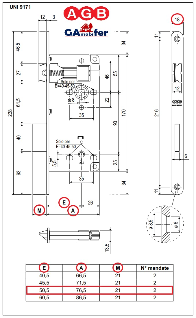 Lock for Internal Door Recessed AGB Series Patent Grande. Entrance 50, Wheelbase 90. (Front 18 x 238, Latch, Chain, Wrench - Image 3