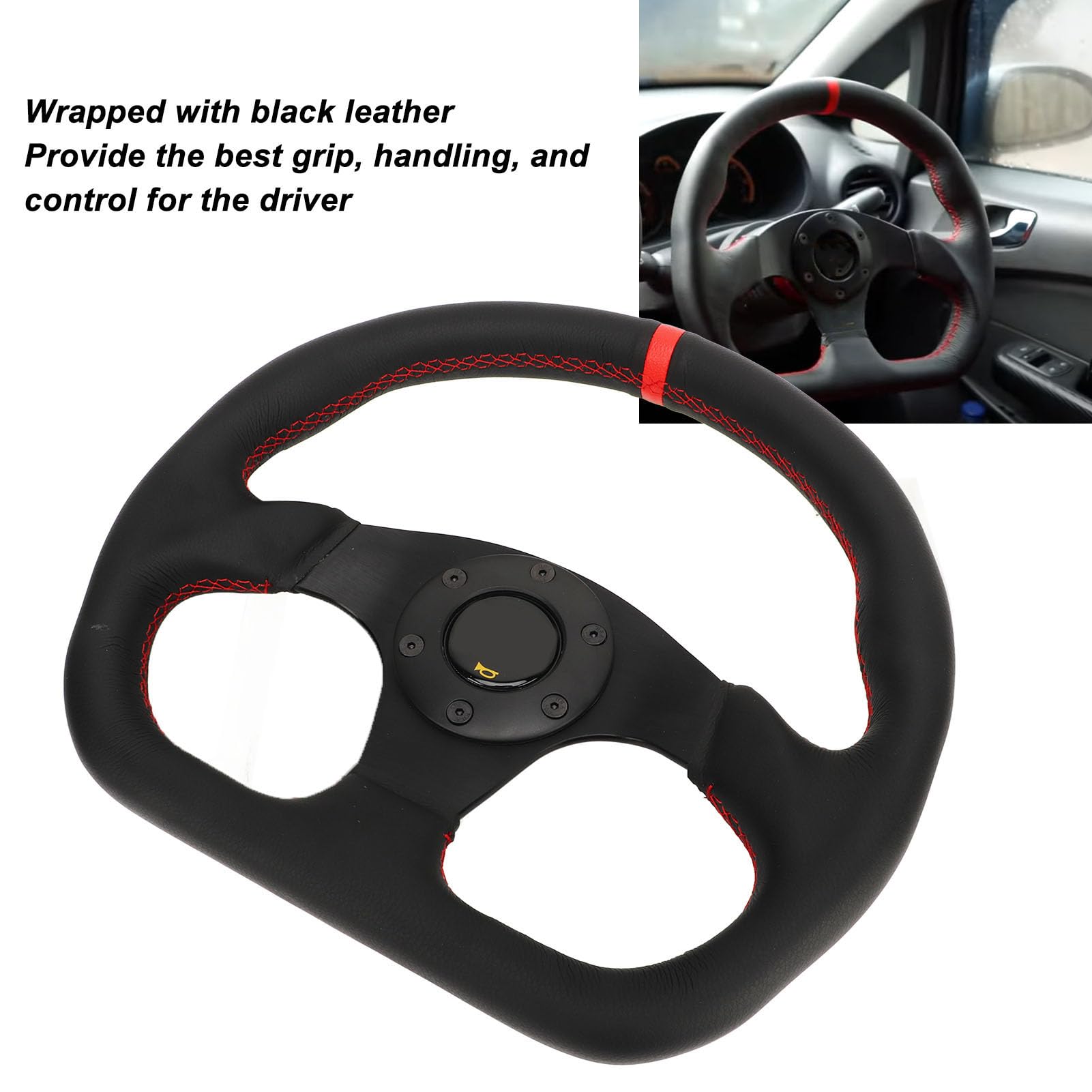 Universal-Auto-Lenkrad vom Typ D, schwarzer Rahmen mit Lederummantelung, sportlicher Rennstil, zum Driften und Ersatz-Carbonfaser-Look