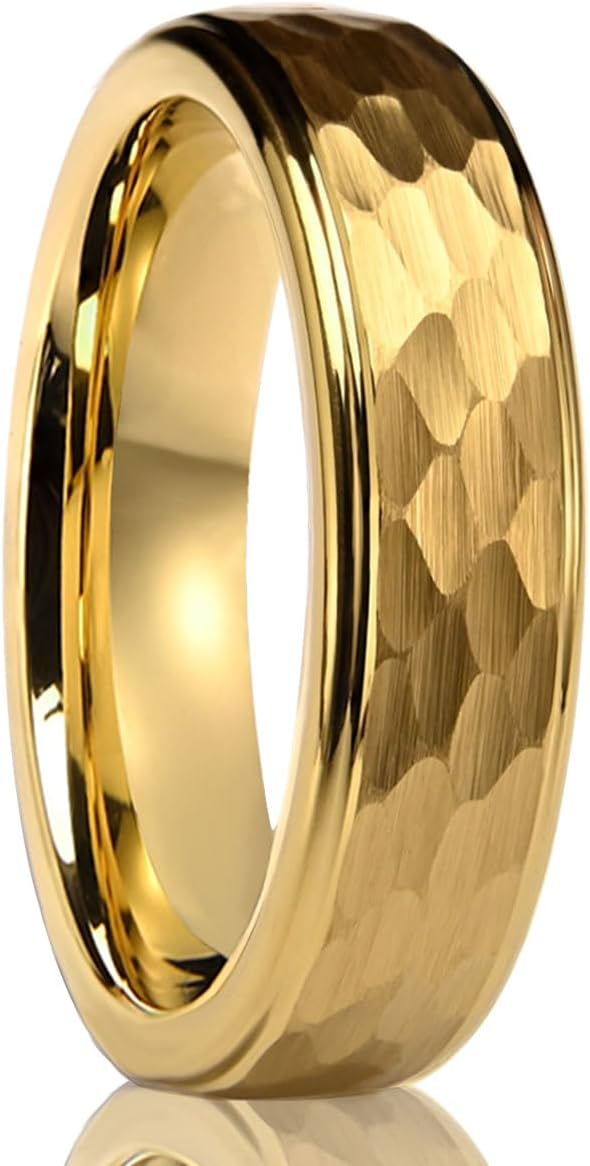 Tungsten Carbide Rings for Men and Women Golden/Black/Silvery Hammered and Grooved Men's Engagement Wedding Bands Simple High Polished