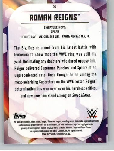Miniatura 2 de 2020 Topps Chrome WWE #50 Roman Reigns SmackDown Wrestling Trading Card