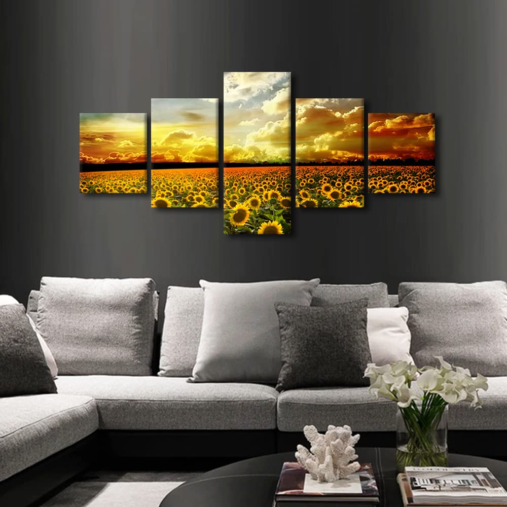 TISHIRON 5 Piece Canvas Wall Art Sunflowers Pictures for Bedroom Flower Fields under the Sunset Wall Paintings Modern Décor Artwork for Living Room Framed Ready to Hang(50" Wx24 H) - Image 2