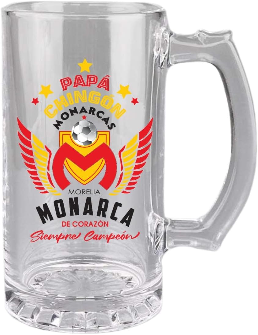 Monarcas 16 oz Beer Glass Mug – Papá Chingón Design – Monarca de Corazón, Siempre Campeón – Soccer Gift