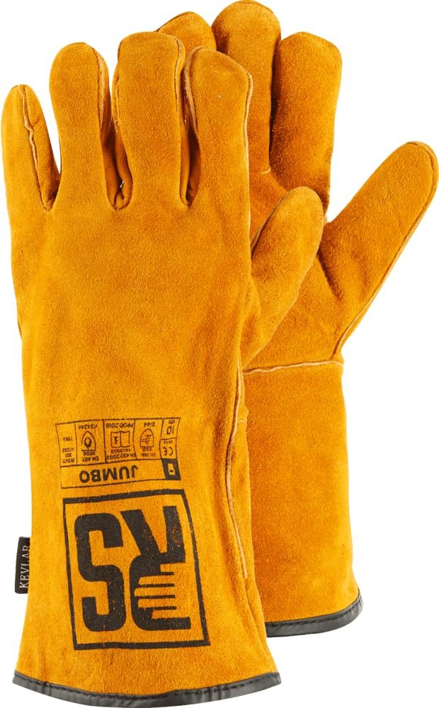 RS JUMBO Schweißerhandschuh Montage-Handschuhe aus Rindsleder mit Kevlar Nähten/Größe 11, 12 Paar/Gelb/Montagehandschuhe/Arbeitshandschuhe Leder/Robuste Lederhandschuhe Schutzhandschuhe
