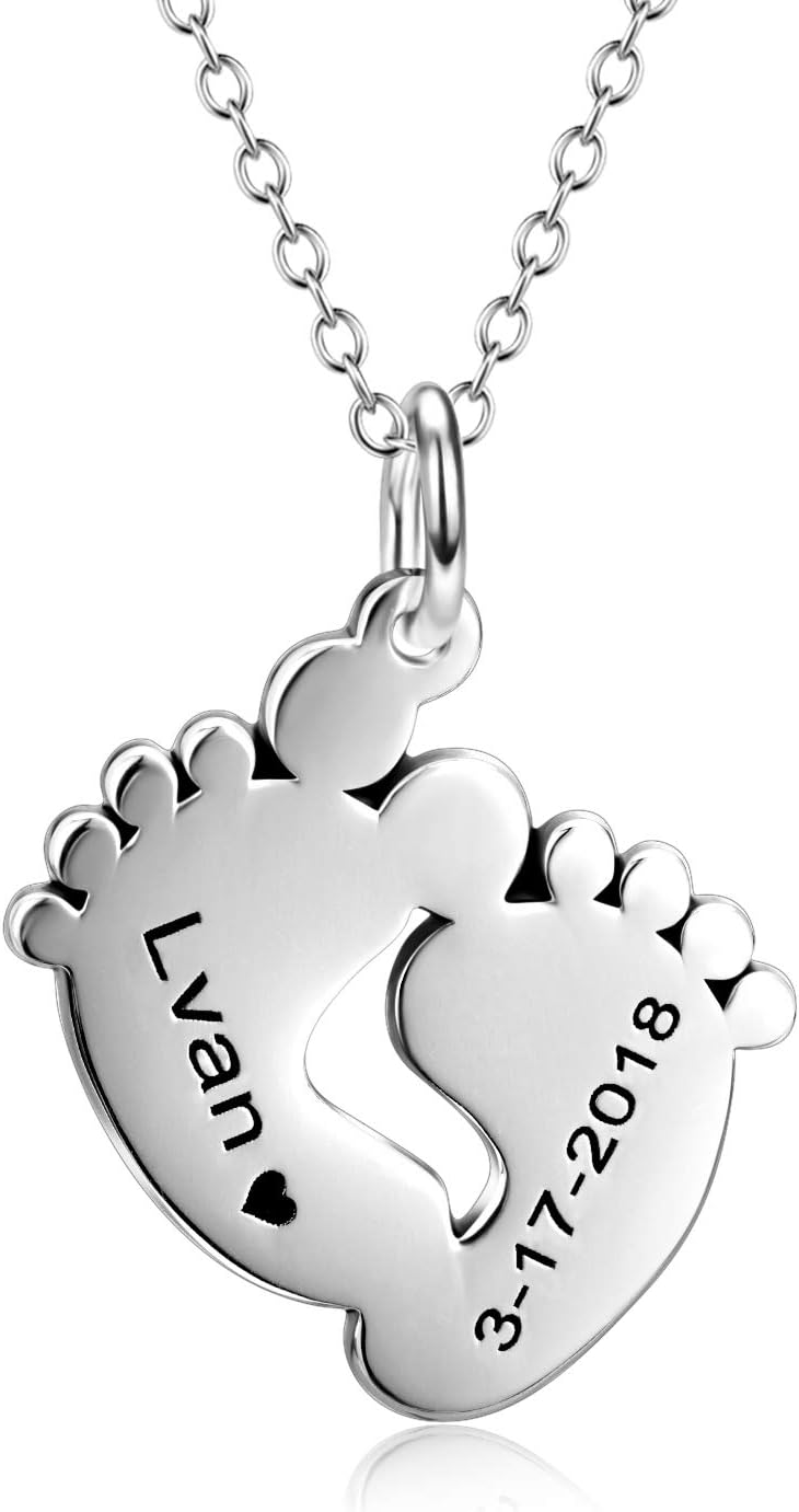LONAGO Personalized Baby Feet Necklace 925 Sterling Silver Engravable Custom Name Footprint Pendant Necklace