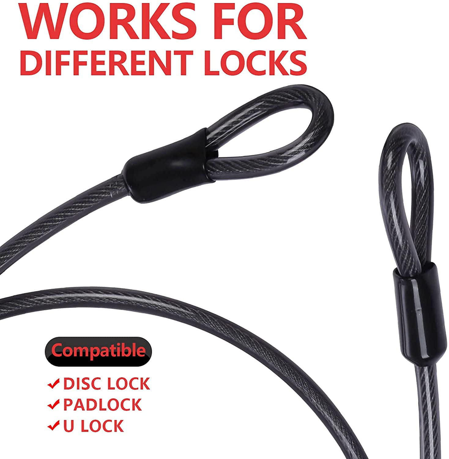 Cable de acero de seguridad con bucles, cable de acero resistente de 15 pies, cable de bloqueo trenzado de 3/8 pulgadas de grosor para bicicleta, generador, kayak, muebles de patio