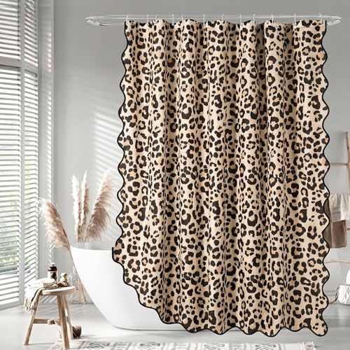 CrystalSylara Leopard Shower Curtain with Scalloped Leopard Bathroom Home Decor Cheetah Print Ruffle Girly Showers Curtains Preppy Aesthetic Waterproof Shower Curtain Set with Hooks 72x72 Inch