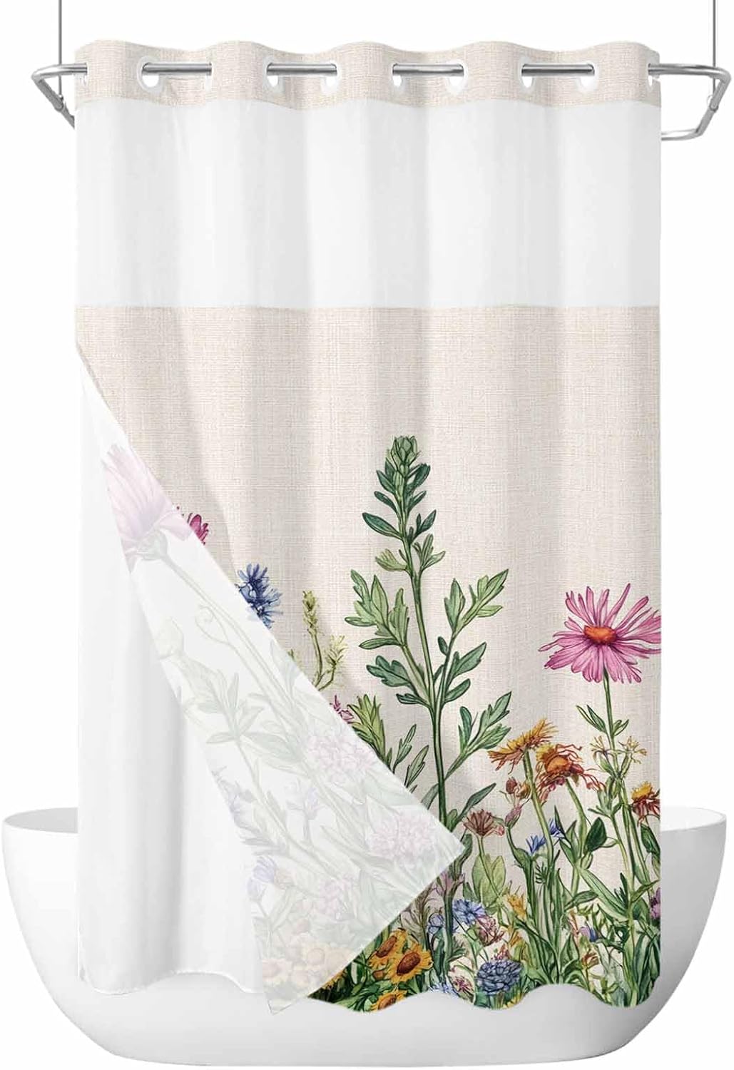 Teamery Summer Pink Purple Flower No Hook Shower Curtain, Spring Wildflowers Leaves Beige Curtain Liner Set See-Through Top Double Layers Fabric Shower Curtains for Bathroom Decor, 36" x 72"