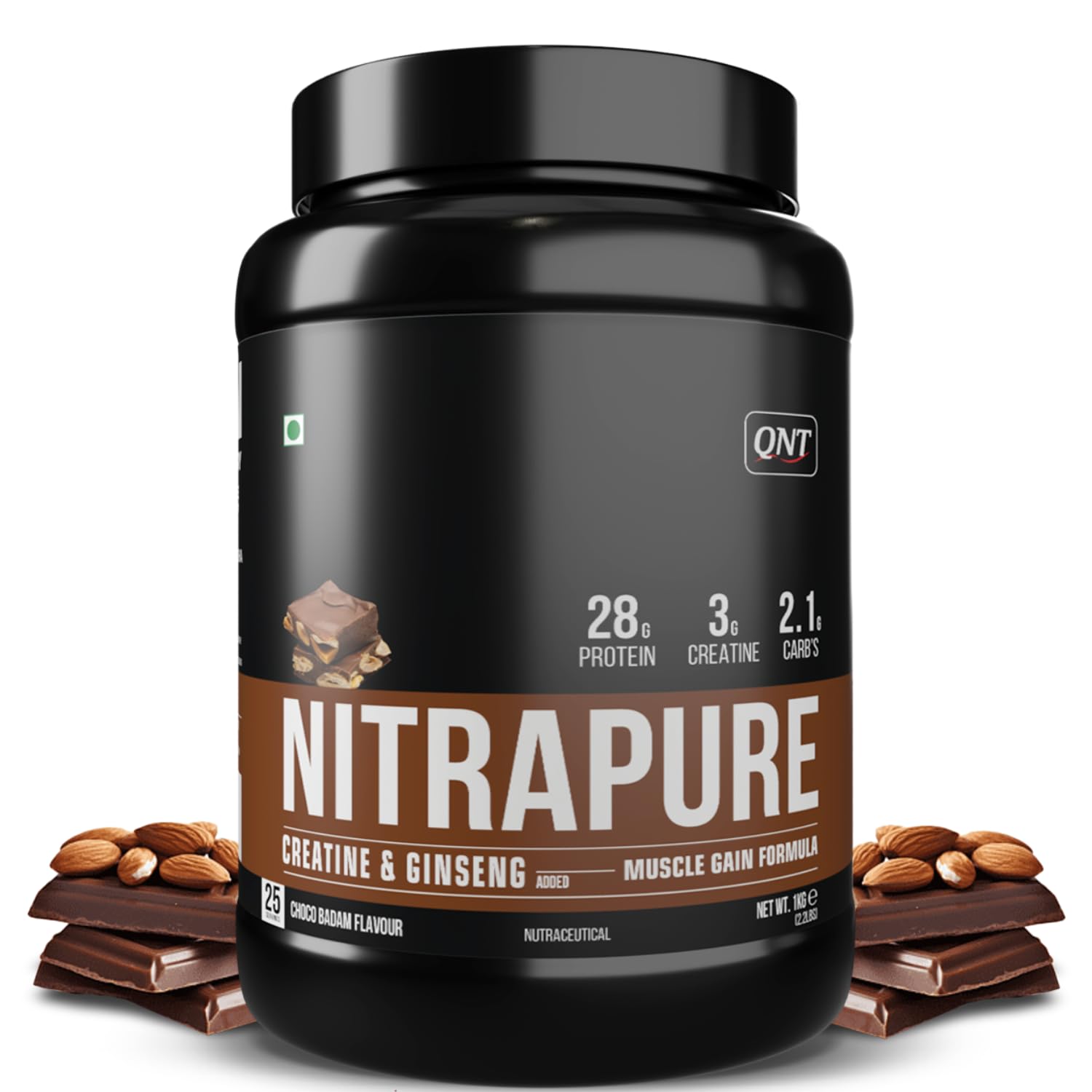 qnt nitrapure, blend of whey isolate & concentrate | 1kg, choco badam | enriched with ashwagandha, ginseng & tribulus | best whey protein for muscle gain | 28g protein, 3g creatine (per scoop)